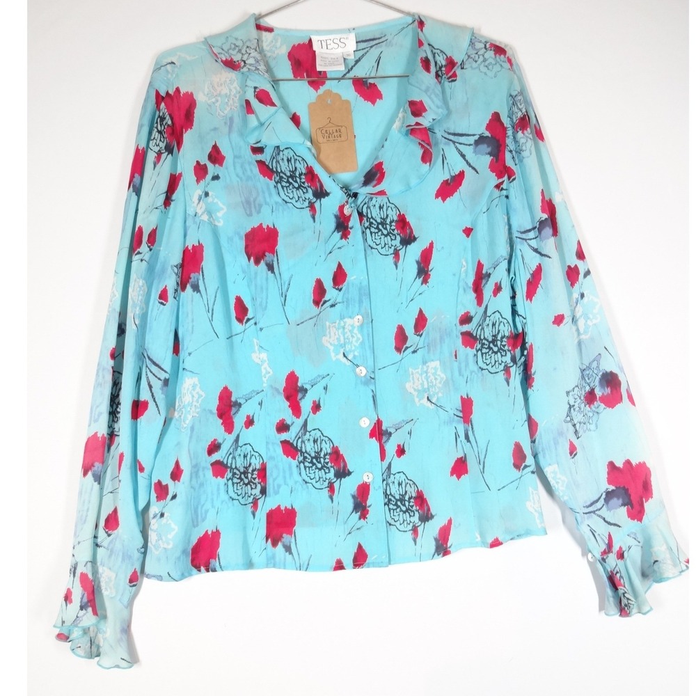 VTG Tess Silk Blouse Womens XL Turquoise Red Floral Ruffle Cuff Romantic Flowy